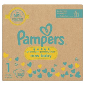 Pampers Premium Protection New Baby Taille 1 180 couches 2 kg à 5 kg Paquet mensuel + Lingettes Pampers Harmonie Aqua Baby Wipes