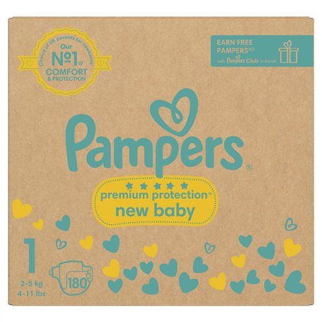 Pampers Premium Protection New Baby Taille 1 180 couches 2 kg à 5 kg Paquet mensuel + Lingettes Pampers Harmonie Aqua Baby Wipes