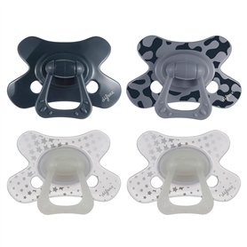 Difrax Tétine 18+ Mois - Sucette Naissance avec Tétine Silicone - Bleu Foncé & Gris + Glow in the Dark Tétines - 4 Pièces