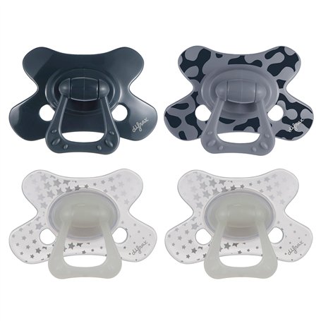 Difrax Tétine 18+ Mois - Sucette Naissance avec Tétine Silicone - Bleu Foncé & Gris + Glow in the Dark Tétines - 4 Pièces