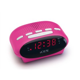 Ices ICR-210 Rose -Tuner PLL-FM- Haut-parleurs intégrés- Radio-réveil- Fonctionnement sur piles- Écran LED- Double fonction d'al
