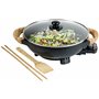 Bestron AEW100AS Wok électrique avec poignées en bambou, poêle wok XL avec couvercle en verre au design asiatique, spatule en ba