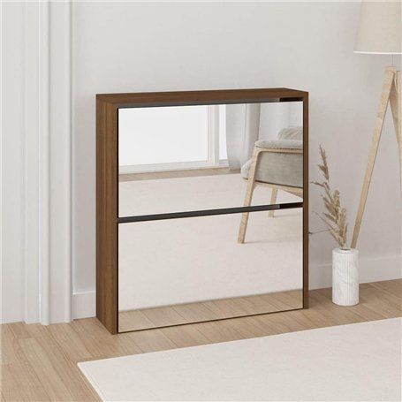 Bussandri Exclusive Armoire à chaussures avec miroir 2 compartiments Marron aspect chêne 63 x 17 x 67 cm