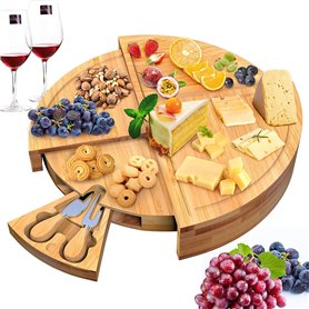 Villux Plateau de Service en Bambou - Plateau à Fromage et Charcuterie Avec Set de Couteaux - Planche en Bois