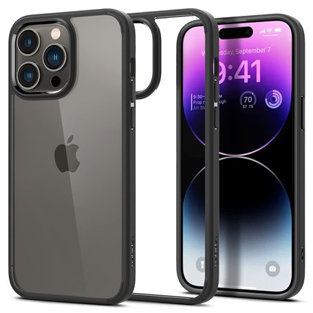 Spigen Coque de Protection Ultra Hybride pour iPhone 14 Pro Max - Anti-jaunissement - Transparent - Fine - Noir Mat