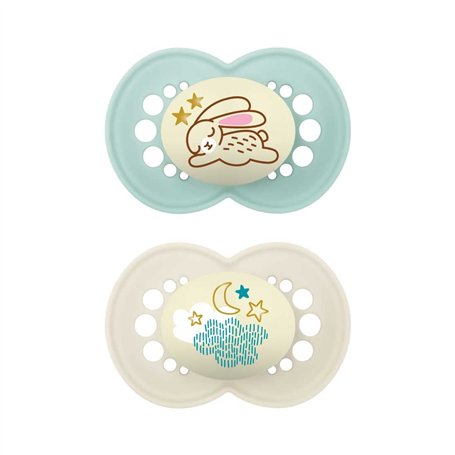 MAM Original Night Lot de 2 tétines lumineuses en silicone SkinSoft avec étui porte-sucette 6 mois neutre