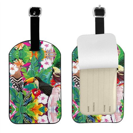 Étiquette de bagage élégante avec imprimé oiseaux tropicaux et feuilles de plantes
