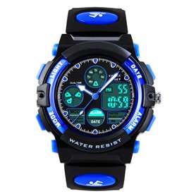 VDSOW Montre Digitale Analogique pour Enfant pour Le Sport avec Alarme Lumière LED Étanchéité 5 ATM Bleu
