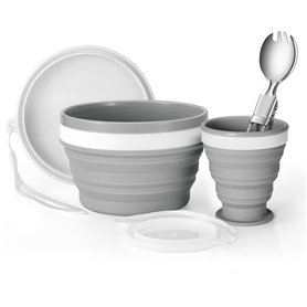 Odoland Vaiselle Camping Pliable Ensmble Assiettes Camping avec un Tasse et un Bol Pliables en Silicone et une Cuillère à Salade