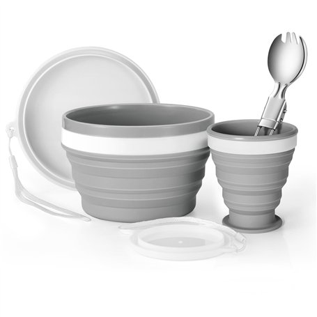 Odoland Vaiselle Camping Pliable Ensmble Assiettes Camping avec un Tasse et un Bol Pliables en Silicone et une Cuillère à Salade
