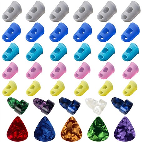 AUGSUN 30Pcs Protège Doigts Guitare en Silicone avec Mediator Guitare Electrique Médiators du Pouce Médiators du Doigt