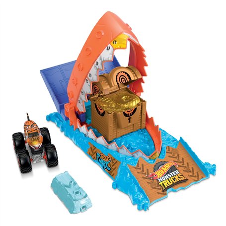 Hot Wheels Coffret Monster Trucks Arena Smashers Défi du Croque-Trésor avec 1 Monster Truck Tiger Shark Et 1 Voiture Broyée