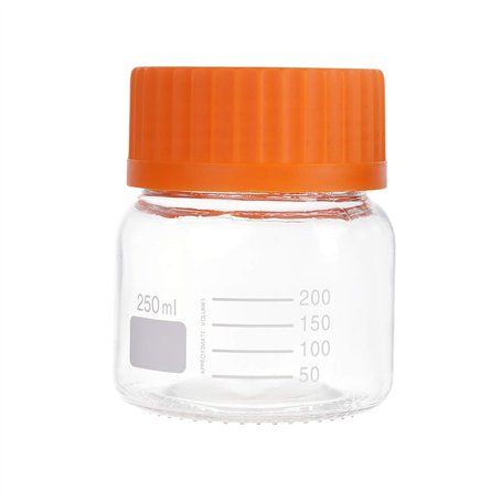 Pastein Pyrex Lot de 6 bouteilles rondes en verre graduées à large ouverture 250 ml avec bouchon à vis GL80 en polypropylène ora
