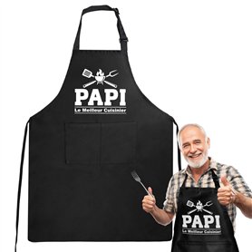 COLOFALLA Tablier Papi Cadeau Papi Le Meilleur Cuisinier Noir avec Poche Col Réglable Ceinture 70cm Tablier de Barbecue Imperméa