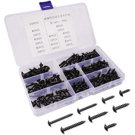 Lot de 240 vis auto-taraudeuses à tête cylindrique en acier au carbone M3 M4 - Noires - Auto-foreuses - Kit de vis à bois à tête