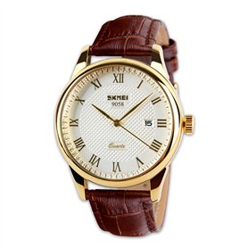 Montre Analogique à Quartz Business Décontracté Cuir Véritable Bande Montre à Poignet avec Cadran Blanc avec Motif Lettre Romain