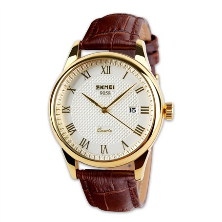 Montre Analogique à Quartz Business Décontracté Cuir Véritable Bande Montre à Poignet avec Cadran Blanc avec Motif Lettre Romain