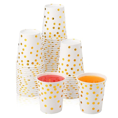 JCAKES Lot de 50 gobelets en carton à pois dorés，gobelet anniversaire ，gobelet carton- 250 ml - Biodégradables - Avec pois dorés