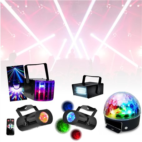 Party Light & Sound - Ensemble de 5 Jeux de Lumière Party Stroboscope effet Derby Astro - 2 Miniwave Télécommande - Soirée Anniv