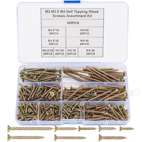 Bateya Kit de vis autotaraudeuses à bois M3 M3.5 M4 zinguées - 320 vis à tête cruciforme pour cloison sèche et béton (16/20/25/3