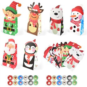 Kleemeiero 24PCS Sacs de Cadeau de Noël en Papier Boîtes de Bonbons de Noël Sachets Kraft Papier Pochette Cadeau Noël avec 2 Aut