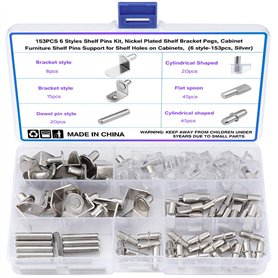 Lot de 153 broches pour étagère - 6 styles - Plaquées nickel - Supports d'étagère pour meubles - Supports pour trous d'étagère s