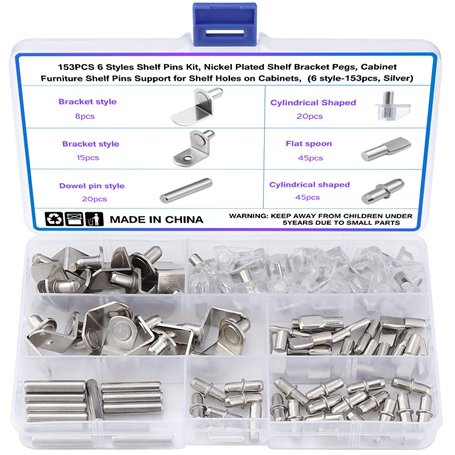 Lot de 153 broches pour étagère - 6 styles - Plaquées nickel - Supports d'étagère pour meubles - Supports pour trous d'étagère s