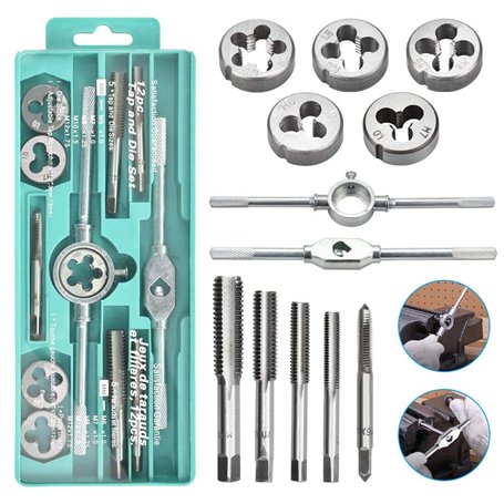 BUZIFU Lot de 12 Tarauds et Filières en Acier Filière Filetage Professionnels m6*1.0 m7*1.0 m8*1.25 m10*1.5 m12*1.75 pour Instal