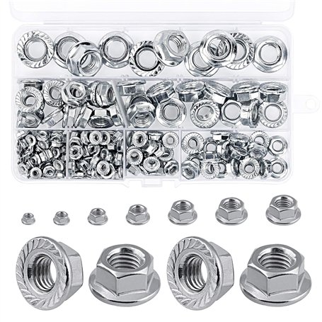 HAKOTOM 180Pcs Écrou à Embase Hexagonale Écrou de Blocage Écrous Hexagonaux à Bride Dentelée en Acier Inoxydable Écrous à Bride