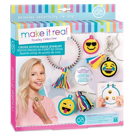 Make It Real Point de Croix Emoji Bijoux. Bricolage Broderie Emoji Pendentif Faire Kit pour Les Filles. Arts et Artisanat Kit po