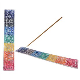 Brûleur d'encens (encens) Support plat en aluminium Motif Chakras Couleurs émaillées Fait à la main en Inde.