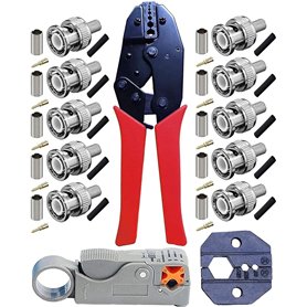 Pince à sertir pour RG59 - Kagni BNC/TNC - Pince à sertir à cliquet et pince à dénuder de câble coaxial avec 10 connecteurs BNC