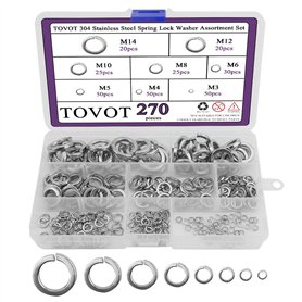 Tovot 304 Lot de 270 rondelles de verrouillage à ressort en acier inoxydable Tailles M3 M4 M5 M6 M7 M8 M10 M12 M14