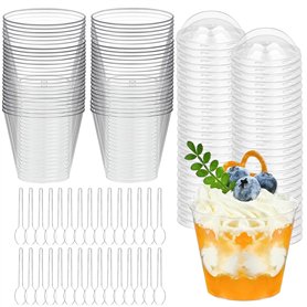 Sporgo Lot de 50 verres à dessert avec couvercle : bols à dessert en plastique 200 ml avec 50 cuillères à soupe et 50 couvercles