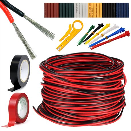 18awg câble d'extension fil rouge noir 2 broches parallèle longueur de fil 66pi cordon toronné cuivre étamé 3528 5050 pour bande
