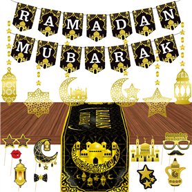 Ensemble de décorations pour Ramadan - Guirlande de Ramadan Mubarak - Bannière de l'Aïd - Chemin de table