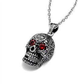 Feilok Collier avec pendentif creux en forme de crâne gothique avec pierres rouges aux yeux