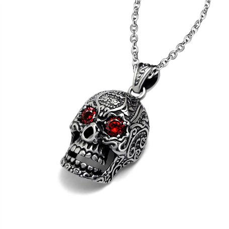 Feilok Collier avec pendentif creux en forme de crâne gothique avec pierres rouges aux yeux