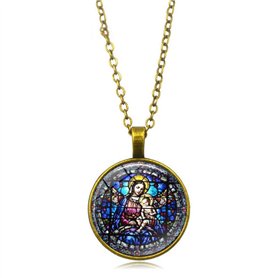Collier avec pendentif en forme de dôme en verre Vierge Marie et enfant Jésus Christ