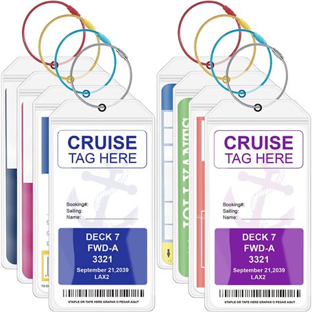 Lot de 8 porte-étiquettes de bagage de croisière avec fermeture éclair colorée et boucles en acier colorées