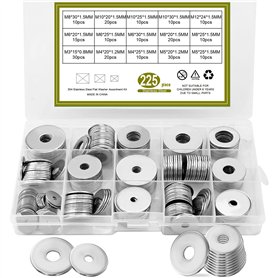 Lot de 225 rondelles plates en acier inoxydable 304