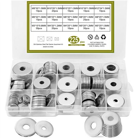Lot de 225 rondelles plates en acier inoxydable 304