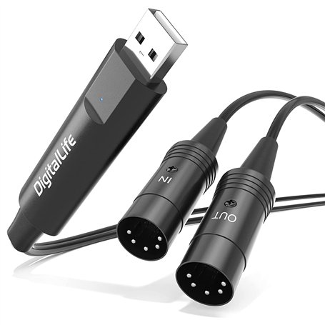 DigitalLife MIDI USB Interface 5-PIN DIN (1 Entrée/1 Sortie) pour Clavier Électronique - Compatible Windows 11 et macOS 15 (Mode