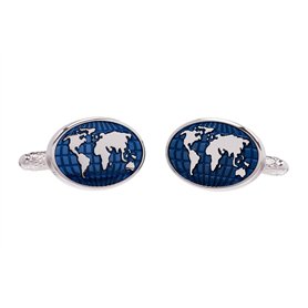 Boutons de manchette en forme de carte du monde – Boutons de manchette ovales argentés avec continents et océans bleus dans une