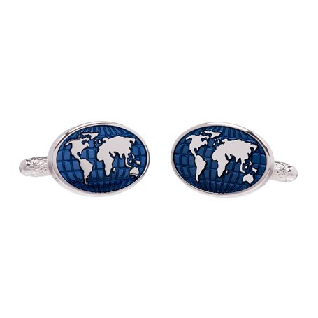 Boutons de manchette en forme de carte du monde – Boutons de manchette ovales argentés avec continents et océans bleus dans une