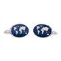 Boutons de manchette en forme de carte du monde – Boutons de manchette ovales argentés avec continents et océans bleus dans une