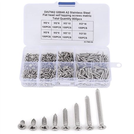 KINDPMA Vis Autotaraudeuse M2 800PCS Vis Assortiment Kit Vis à Tête Plate Vis à Bois Inox Vis Autoforeuse Bois Plastique Métal M