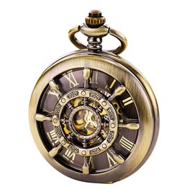 TREEWETO Montre de Poche Unisexe avec chaîne à remontage analogique et Double charnière Motif Squelette Bronze