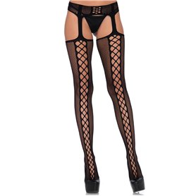 Leg Avenue 1776 Collant Porte-Jarretelles Résille Criss Cross avec Couture Arrière Noir Taille Unique 36-40 177622001