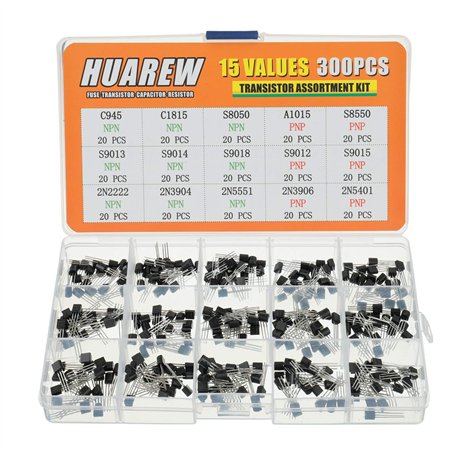 HUAREW 15 valeurs 300pièces transistor NPN C945 C1815 S8050 S9013 S9014 S9018 2N2222 2N3904 2N5551 PNP A1015 S8550 S9012 S9015 2